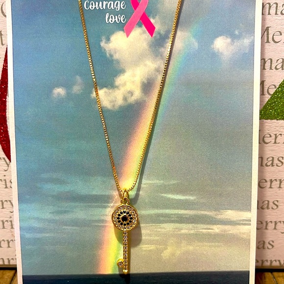 Rhinestone Key pendant 18 K plated with chain also plated. - Picture 1 of 2